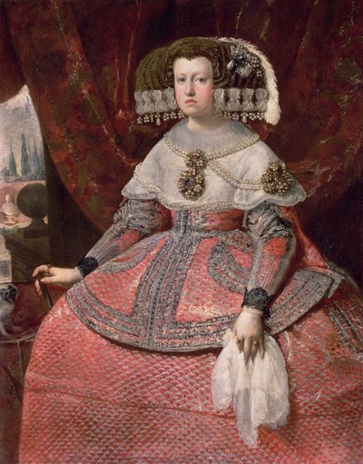 İspanya Kraliçesi Maria Anna kırmızı elbiseli, 1655-60 by Diego Velázquez