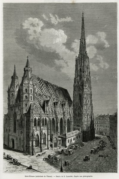 Aziz Stephen Katedrali (Aziz Stephen veya Stephansdom veya Aziz Stephane veya Aziz Stephan Kirche) (1113 ve 1147 arasında inşa edilmiştir), Viyana (Avusturya). Vienne ve banliyölerini göstermek için Lancelot tarafından yapılan gravür, M. Newlinski tarafınd by Dieudonne Auguste Lancelot