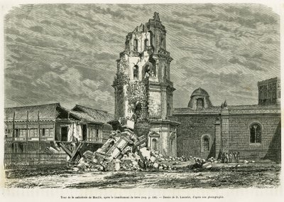 18 Temmuz 1880 depreminden sonra Manila Katedrali Kulesi. by Dieudonne Auguste Lancelot