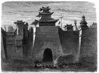 Duvarlar ve Pekin Kapısı (Pekin), Çin. Edouard Charton, Paris tarafından düzenlenen “Le Tour du Monde, Nouveau Journal des Voyages”” içinde Lancelot tarafından gravür by Dieudonne Auguste Lancelot