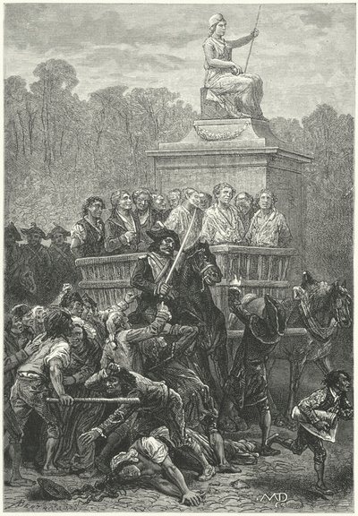 Giyotine giden mahkumlarla dolu bir tumbril, Fransız Devrimi (gravür) by Diogene Ulysse Napoleon Maillart