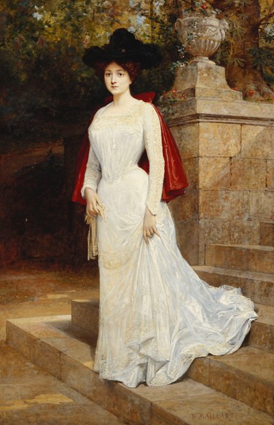 Bir Kadının Portresi, Boyu Boyu Duran, Krem Elbiseli ve Kırmızı Pelerinli, by Diogene Ulysse Napoleon Maillart
