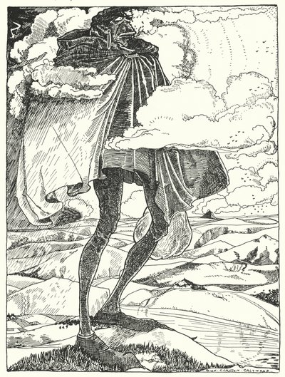 "Dev sapı tepelerin üzerinde, akşam yemeğini bir çantada taşırken gördük" (gravür) by Dion Clayton Calthrop