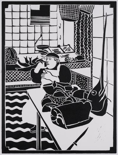 Satılık balık, Sicilya, 2025 (Linocut) by Dione Verulam