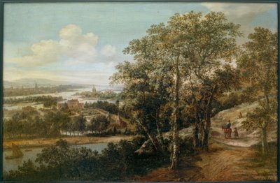 Ön planda bir binici ve diğer figürler ile geniş nehir manzarası by Dionys Verburg