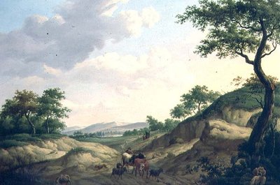 Bir kayanın üzerinde çobanlar ve hayvanlar ile ormanlık bir manzara by Dionys van Dongen