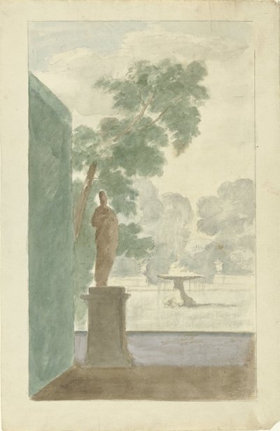 Salonda Duvar Dekorasyonu İçin Tasarım: Heykelli, Çeşmeli ve Çömlekli Bahçe Görünümü by Dionys van Nijmegen (possibly)