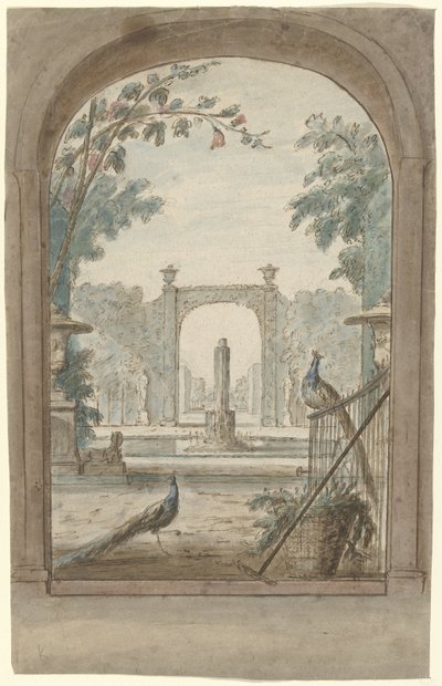 Bir bahçe, tavus kuşu ve bahçe aletleri üzerinde bir çitin üzerinden manzaralı bir oda boyama tasarımı by Dionys van Nijmegen (possibly)