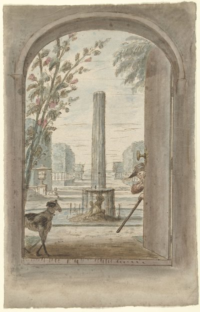 Fıskiyeli bir bahçede açık kapıdan manzaraya sahip bir oda resmi tasarımı by Dionys van Nijmegen