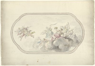 Blijdschap'te bir alegori olarak müzik yapan kadınlar ve çiçek sepeti ile putti ile bir tavan resmi için tasarım by Dionys van Nijmegen