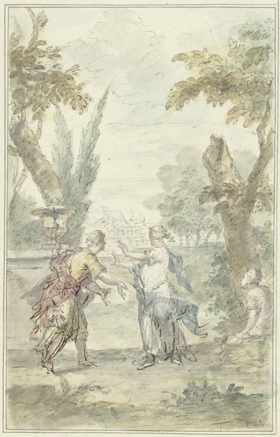 Bir salon parçası için tasarım: gözleri bağlı Amaryllis, Myrtillo'yu kapıyor by Dionys van Nijmegen