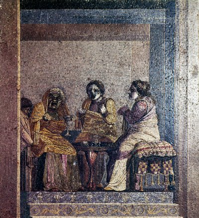 Maskeli oyuncularla oyun sahnesinin Roma mozaiği, Villa of Cicero, Pompeii, MÖ 2. yüzyıl by Dioscurides of Samos