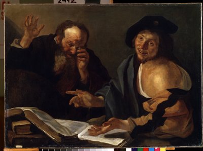 """"Herakleitos ve Demokritos"" Yunan filozofları Efesli Herakleitos (Herakleitos) (MÖ 535-475) ve Demokritos (Demokritos) (MÖ 460-370). Theodore van Baburen