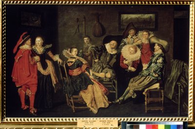 ""The Merry Company"" (The Merry Company) Zengin bir Hollanda konutundaki parti, zarif giyimli bir burjuva masası. Resim Dirck Hals (1591-1656) 17. yüzyıl Dim. 41x66 cm Puşkin Müzesi, Moskova by Dirck Hals