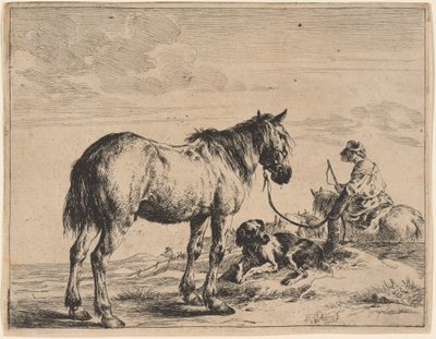 Yatan Köpekle Direğe Bağlı Bir At by Dirck Stoop