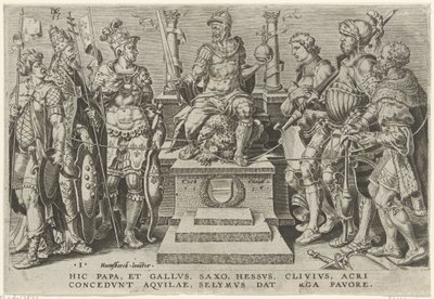 İmparator Charles V, mağlup rakipleriyle çevrili Charles V Zaferleri (dizi başlığı) Divi Caroli. v. imp. tercih max. victoriae, ex multis praecipuae (seri başlığı) by Dirck Volckertsz. Coornhert