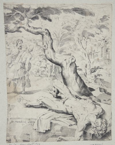 Yolcuyu yarı ölü bırakan soyguncular by Dirck Volckertsz. Coornhert