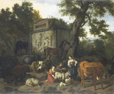 Bir Mezarın Yanında Çoban ve Sığırlarla Manzara by Dirck van Bergen
