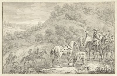 Atlı Bir Binici ve Diğer Avcılar ile Dağ Manzarası by Dirk Maas