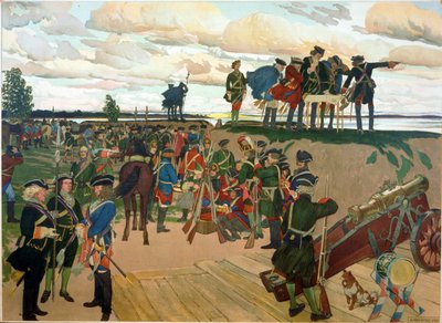 18. yüzyılda Büyük Peter (1672-1725) tarafından Saint Petersburg kalesinin temeli. (St. Petersburg Kalesinin Kuruluşu). Dmitri Nikolayevich Kardovsky'nin çalışması (Kardovski) (1866-1943), litografi by Dmitri Nikolayevich Kardovsky