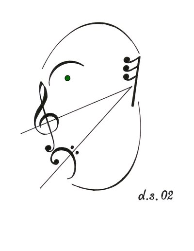 Diminuendo yüzü - diminuendo için müzik sembolü ve çeşitli diğer müzik notasyonları kullanılarak çizilen şarkı söyleyen bir yüz by Dmitri Smirnov
