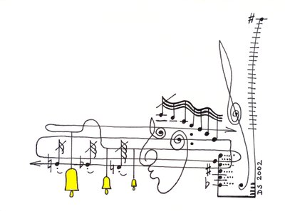 Elegy - notaların bir yüz oluşturduğu ve çanların stavlardan sarktığı bir müzik notası çizimi by Dmitri Smirnov