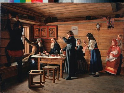 Dini Tartışma - Tablo Dmitri Yegorovich Zhukov (1841-1903), tuval üzerine yağlı boya by Dmitri Yegorovich Zhukov