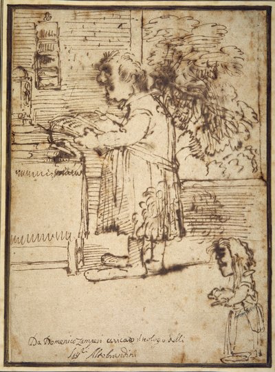 Aldobrandini ilahiyatçısının köpeğini tutan bir dişi cüce ile karikatürü (kağıt üzerinde kalem ve mürekkep) by Domenichino