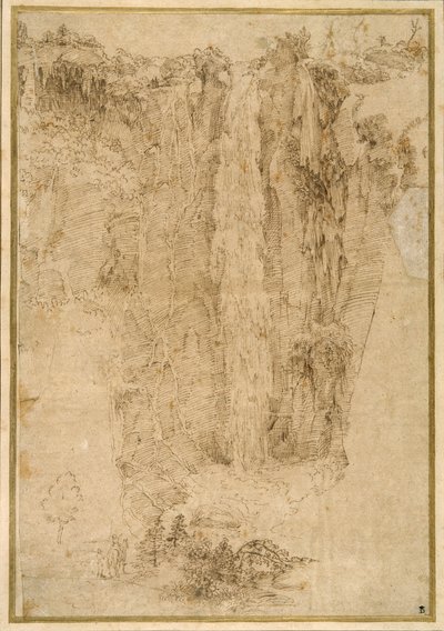 Bir kaskad ile manzara; yaya, iki adam, biri atlı (kağıt üzerine kalem ve kahverengi mürekkep) by Domenichino