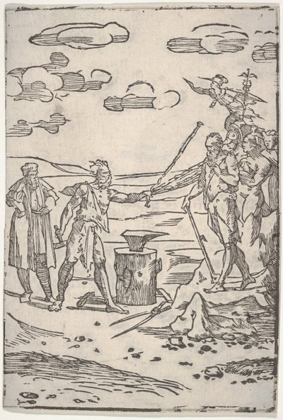 Bir örsün yanında duran ve zincirli bir adamı çeken sahtekar, Var..., ca. 1540-1550. by Domenico di Pace Beccafumi  