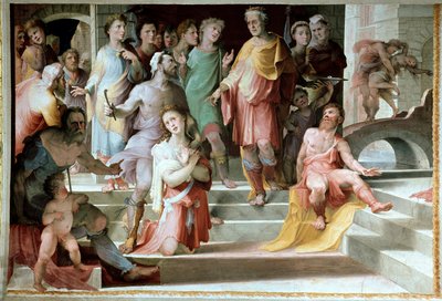 The sacrifice of Seleucos de Locres (Seleucus de Locride) Seleucos to blind his son, in order to punish him for a raping he had committed, prefere to die one of his eyes. Fresco by Domenico di Giacomo di Pace dit Beccafumi (1486-1551) 1529-1535 Siena, Pala by Domenico Beccafumi