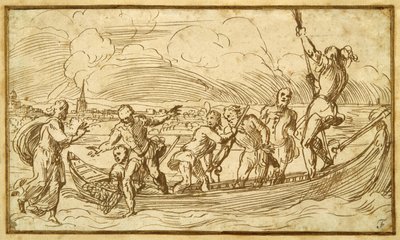 İsa ve Aziz Petrus su üzerinde yürüyor (kalem ve kağıt üzerinde kahverengi mürekkep) by Domenico Campagnola