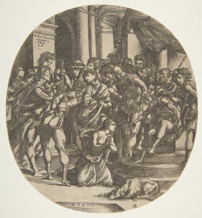 Kadın figürü Saint Catherine ortada diz çökmüş bir erkek figürüne yalvarıyor..., 1517. by Domenico Campagnola