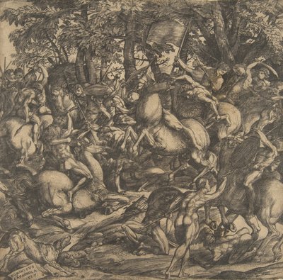 Ormanlık bir alanda savaşan çıplak bir grup adam, bazıları at sırtında, lo..., 1517