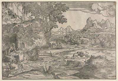 Aziz Jerome ve İki Aslan ile Manzara, c. 1530-35. by Domenico Campagnola