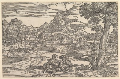 Hurdy-gurdy oynayan bir adamın yanında oturan bir kadınla manzara, ca. 1540. by Domenico Campagnola