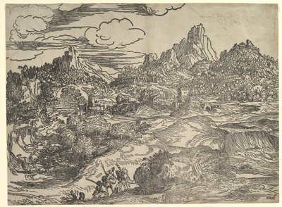 Ön planda birlikte yürüyen aile ile manzara, soldaki iki figür ..., ca. 1535-40. by Domenico Campagnola