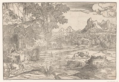 Hieronymus ve iki aslan ile manzara by Domenico Campagnola