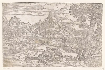 Hurdy-gurdy ile bir çift ile manzara by Domenico Campagnola