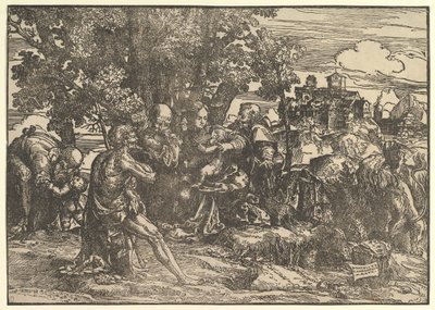 Mary ağaçların altında bebeğiyle oturuyor, iki yanında solda Yusuf ve sağda Aziz Jerome, Aziz..., 1517. by Domenico Campagnola
