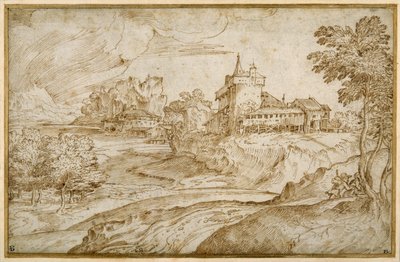 Bir nehir kenarında bir castello ve diğer binalar ile dağlık manzara; bir kadını acele ettiren bir adam, sağda, c.1540 (beyaz kağıt üzerine kalem ve kahverengi mürekkep) by Domenico Campagnola