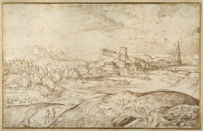 Nehirli dağlık manzara ve sivri kuleli müstahkem bir kasaba (beyaz kağıt üzerine kalem ve kahverengi mürekkep) by Domenico Campagnola