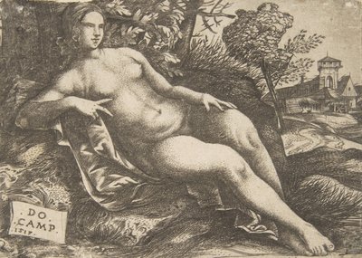 Çıplak kadın Venüs bir manzarada uzanıyor, 1517. by Domenico Campagnola