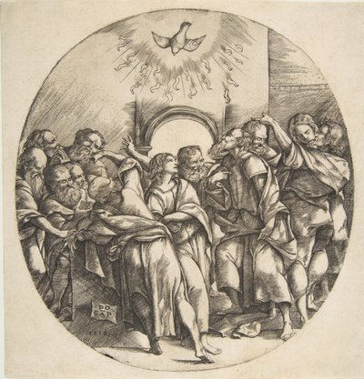 Üst merkezde yayılmış kanatlarla inen bir kuş olarak Kutsal Ruh, on iki Havari ..., 1518. by Domenico Campagnola