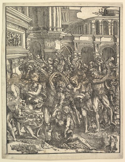 Masumların Katliamı Sağ taraf bir grup erkek figürün kadınlara saldırması ve ..., 1517. by Domenico Campagnola
