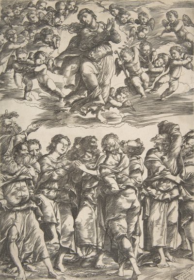 Bakire, bulutların ortasında, elleri birbirine kenetlenmiş ve sağ ayağı kaldırılmış, çevrelenmiş..., 1517. by Domenico Campagnola