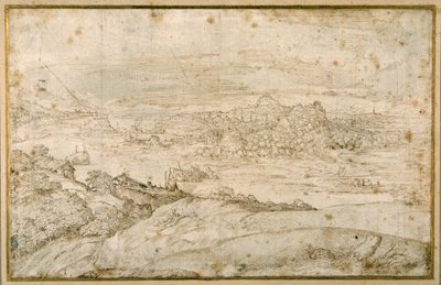 Sarma bir nehir ile ormanlık manzara; uzakta bir şehir, antik kalıntılarla birlikte kuleler ve kubbeler karışımı (beyaz kağıt üzerine kalem ve kahverengi mürekkep) by Domenico Campagnola