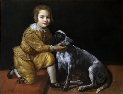 Köpeği olan bir çocuğun portresi. by Domenico Fiasella