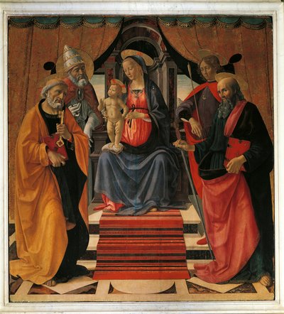 Kutsal Konuşma. Aziz Petrus, Aziz Paul, Aziz Sebastian ve Papa Aziz Clement ile çevrili Meryem Ana ve İsa Mesih (resim by Domenico Ghirlandaio