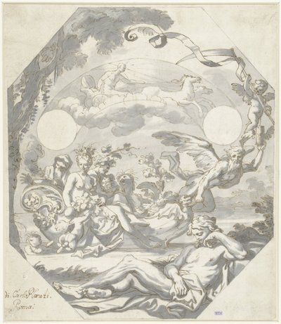 Mitolojik bir alegori içeren bir kadran tasarımı by Domenico I Piola (attributed to)